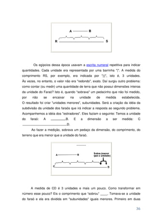 Os egípcios dessa época usavam a escrita numeral repetitiva para indicar
quantidades. Cada unidade era representada por uma barrinha "|". A medida do
comprimento RS, por exemplo, era indicada por "|||", isto é, 3 unidades.
Às vezes, no entanto, o valor não era "redondo", exato. Daí surgiu outro problema:
como contar (ou medir) uma quantidade de terra que não possui dimensões inteiras
da unidade do Faraó? Isto é, quando "sobrava" um pedacinho que não foi medido,
por    não     se    encaixar        na         unidade        de    medida    estabelecida.
O resultado foi criar "unidades menores", subunidades. Será a criação da idéia da
subdivisão da unidade dos faraós que irá indicar a resposta ao segundo problema.
Acompanhemos a idéia dos "estiradores". Eles faziam o seguinte: Temos a unidade
do    faraó:   A                B.        E       a       dimensão   a   ser   medida:    C
                                D.
      Ao fazer a medição, sobrava um pedaço da dimensão, do comprimento, do
terreno que era menor que a unidade do faraó.


                                              ---------




      A medida de CD é 3 unidades e mais um pouco. Como transformar em
número esse pouco? Eis o comprimento que “sobrou” ____. Tomava-se a unidade
do faraó e ela era dividida em "subunidades" iguais menores. Primeiro em duas


                                                                                         36
 