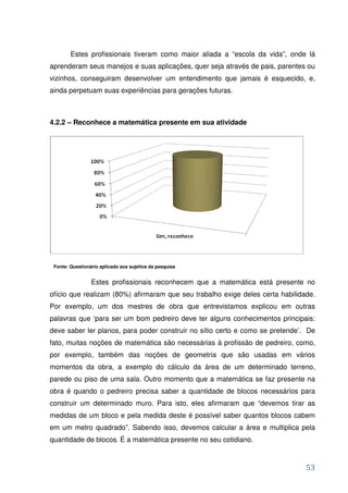 Estes profissionais tiveram como maior aliada a “escola da vida”, onde lá
aprenderam seus manejos e suas aplicações, quer seja através de pais, parentes ou
vizinhos, conseguiram desenvolver um entendimento que jamais é esquecido, e,
ainda perpetuam suas experiências para gerações futuras.



4.2.2 – Reconhece a matemática presente em sua atividade




 Fonte: Questionário aplicado aos sujeitos da pesquisa


                 Estes profissionais reconhecem que a matemática está presente no
ofício que realizam (80%) afirmaram que seu trabalho exige deles certa habilidade.
Por exemplo, um dos mestres de obra que entrevistamos explicou em outras
palavras que ‘para ser um bom pedreiro deve ter alguns conhecimentos principais:
deve saber ler planos, para poder construir no sítio certo e como se pretende’. De
fato, muitas noções de matemática são necessárias à profissão de pedreiro, como,
por exemplo, também das noções de geometria que são usadas em vários
momentos da obra, a exemplo do cálculo da área de um determinado terreno,
parede ou piso de uma sala. Outro momento que a matemática se faz presente na
obra é quando o pedreiro precisa saber a quantidade de blocos necessários para
construir um determinado muro. Para isto, eles afirmaram que “devemos tirar as
medidas de um bloco e pela medida deste é possível saber quantos blocos cabem
em um metro quadrado”. Sabendo isso, devemos calcular a área e multiplica pela
quantidade de blocos. É a matemática presente no seu cotidiano.



                                                                               53
 