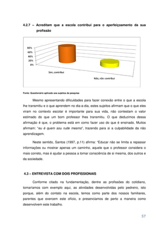 4.2.7 – Acreditam que a escola contribui para o aperfeiçoamento da sua
            profissão




Fonte: Questionário aplicado aos sujeitos da pesquisa


         Mesmo apresentando dificuldades para fazer conexão entre o que a escola
lhe transmitiu e o que aprendem no dia-a-dia, estes sujeitos afirmam que o que eles
viram no contexto escolar é importante para sua vida, não contestam o valor
estimado do que um bom professor lhes transmitiu. O que deduzimos dessa
afirmação é que, o problema está em como fazer uso do que é ensinado. Muitos
afirmam: “eu é quem sou rude mesmo”, trazendo para si a culpabilidade da não
aprendizagem.

         Neste sentido, Santos (1997, p.11) afirma: “Educar não se limita a repassar
informações ou mostrar apenas um caminho, aquele que o professor considera o
mais correto, mas é ajudar a pessoa a tomar consciência de si mesma, dos outros e
da sociedade.



4.3 – ENTREVISTA COM DOIS PROFISSIONAIS

         Conforme citado na fundamentação, dentre as profissões do cotidiano,
tomaríamos com exemplo aqui, as atividades desenvolvidas pelo pedreiro, isto
porque, além do contato na escola, temos como parte dos nossos familiares,
parentes que exercem este ofício, e presenciamos de perto a maneira como
desenvolvem este trabalho.


                                                                                 57
 