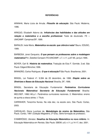 REFERÊNCIAS



ARANHA, Maria Lúcia de Arruda. Filosofia da educação. São Paulo: Moderna,
1996.

ARAÚJO, Elizabeth Adorno de. Influências das habilidades e das atitudes em
relação a matemática e a escolha profissional. Teste de doutorado. FE –
UNICAMP: Campinas/SP, 1999.

BARALDI, Ivete Maria. Matemática na escola: que ciência é esta? Bauru: EDUSC,
1999.

BARBOSA, Jonei Cerqueira. O que pensam os professores sobre a modelagem
matemática? In: Zetetiké-Cempem-FE/UNICAMP, v.7, n.11, p.67-85, jan/jun.1999..

BOYER, Carl B. História da matemática. Tradução de Elza F. Gomide. 2.ed. São
Paulo: Edgard Blüncher,1996.

BRANDÃO, Carlos Rodrigues. O que é educação? São Paulo: Brasiliense, 2001.


BRASIL, Lei Federal nº. 9.394 de 20 dezembro, de 1996. Dispõe sobre as
Diretrizes e Bases da Educação Nacional. Brasília, DF, 1996.

BRASIL.     Secretaria   de    Educação     Fundamental.   Parâmetros   Curriculares
Nacionais:    Matemática/      Secretaria    de   Educação   Fundamental.   Brasília:
MEC/SEF, 1998.148 p.1. Parâmetros curriculares nacionais. 2. Matemática: ensino
de quinta a oitava séries. I. Título.

CARRAHER, Terezinha Nunes. Na vida dez, na escola zero. São Paulo: Cortez,
2003.

CARVALHO, Dione Lucchesi de. Metodologia do ensino da Matemática. São
Paulo. Cortez, 1991 (Coleção Magistério, 2º Grau. Série formação do professor).

D’AMBRÓSIO, Ubiratan. Desafios da Educação Matemática no novo milênio. In:
Educação Matemática em Revista. São Paulo: SBEM, a.8, n.11, p.14-17, dez. 2001.




                                                                                 68
 