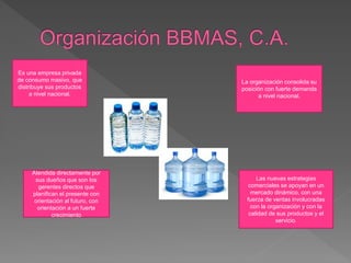 Es una empresa privada
de consumo masivo, que
distribuye sus productos
a nivel nacional.
Atendida directamente por
sus dueños que son los
gerentes directos que
planifican el presente con
orientación al futuro, con
orientación a un fuerte
crecimiento
La organización consolida su
posición con fuerte demanda
a nivel nacional.
Las nuevas estrategias
comerciales se apoyan en un
mercado dinámico, con una
fuerza de ventas involucradas
con la organización y con la
calidad de sus productos y el
servicio.
 