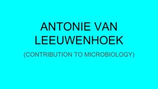 ANTONIE VAN
LEEUWENHOEK
(CONTRIBUTION TO MICROBIOLOGY)
 