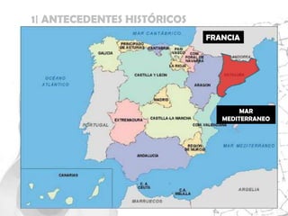 1| ANTECEDENTES HISTÓRICOS
                                           FRANCIA
TIEMPO
•Gaudí nace en la segunda mitad del siglo XIX(1852)
•Se licenció de arquitecto en 1878
•Muere el 7 de junio de 1926


ESPACIO                                             MAR
•Gaudí nace en                                 MEDITERRANEO
Reus, un pueblo
catalán en España

•Vive y desarrolla
su trabajo en su
pueblo    natal  y
Barcelona
 