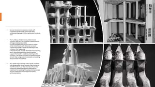 • Several structuralinnovations include self-
supporting stone façade, a free-plan floor,
undergroundgarage and the spectacular terrace on
roof.
• The buildingis dividedstructurallybetween
structure and skin. The structural systemconsists
of forged steel joists and the
Catalanbovedillasbehindbyjacenas onmetal
pillars. Steel beams with the same curvature
support the facade’s weight byattachingto the
structure. Self-supporting
limestone facade discards the needof load-bearing
walls. Steelbeams with the same curvature
support the facade’s weight byattachingto the
structure. The facade connects to internal structure
of each floorusing curvedironbeams surrounding
the perimeter of eachfloor.
• This allows large openings inthe facade, enabling
light penetration, not to mention free structuring
of different levels, so that internal wallscanbe
added and demolished without affecting the
stabilityof the building. This allows the owners are
able to modifythe interiorlayout of homes
without problems.
 