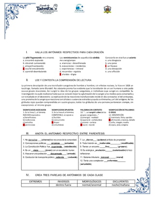 I. HALLA LOS ANTÓNIMOS RESPECTIVOS PARA CADA ORACIÓN
Lo pillé fisgoneando mis enseres
a. encontré-espiando
b. observé-curioseando
c. atrapé-husmeando
d. oculté-encubriendo
e. aprendí-deambulando
Las reminiscencias de aquella vida sórdida
me avergüenzan
a. vivencias – desenfrenada
b. evocaciones – incidentes
c. experiencias – inmoral
d. recuerdos – egoísta
e. olvidos – digna
Conocerlo en vivofue un acierto
a. una desgracia
b. una pena
c. un fracaso
d. una decepción
e. una aflicción
II. LEE Y CONTESTA LA COMPRENSIÓN DE LECTURA
La primera descripción de una transfusión sanguínea de hombre a hombre, sin efectos nocivos, la hizo en 1818 un
tocólogo, llamado Jame Blundell. No obstante pronto fue evidente que la transfusión de un ser humano a otro podía
causar graves reacciones. Así surgió la idea de los grupos sanguíneos, o individuos cuya sangre es compatible. Su
investigación no pudo realizarse hasta que se conoció mejor la a glutinaciónde la sangre ylos medios para conservarla y
ser estudiada en el laboratorio. La explicaciónde las reacciones transfusionales reside en dos conceptos:el del anticuerpo,
una proteína de la sangre que reacciona concélulas o sustancias extraídasyayuda a eliminarlas, yel del antígeno. Así los
glóbulos rojos quedan comprendidos en cuatro grupos; todos los glóbulos de una persona pertenecen siempre, sin
excepciones al mismo grupo.
SIGNIFICADOS ASOCIADOS
1. En la línea 1, el término
NOCIVOS equivalea:
a) beneficiosos
b) inofensivos
c) extraños
d) perniciosos
SIGNIFICADOS OPUESTOS
3. En la línea 4, eltérmino
COMPATIBLE, se opone a:
a) factible
b) concurrente
c) dispar
d) simultáneo
PALABRAS EN CONTEXTO
10. "... asísurgióla idea delos
grupos sanguíneos..."
a) emergió - realidad
b) apareció - certidumbre
c) asomó -certeza
d) nació -noción
SIGNIFICACIÓN DEPALABRAS
O IDEAS
12. DESCRIPCIÓN
a) inventario, ficha, oprobio
b) afirmación,creencia, detalle
c) seña, imagen, reseña
d) copia, plan, estigma
III. ANOTA EL ANTONIMO RESPECTIVO ENTRE PARENTESIS
1. No derrochar ___(ahorrar)los recursosde la comunidad.
2. Concepciones políticas ____arcaicas____(actuales).
3. La Constitución Política fue _suprimida_. (establecida).
4. Es un __viejo______(joven) con un excelente humor.
5. Atacaron una población ___desarmada____ (armada).
6. Conductor de transporte público _valiente___ (cobarde).
7. Le _dieron___ (quitaron) eltítulo de propiedad
8. Toda traición es __inalterable_________ (modificable).
9. Tienes un encanto _____fino_______ (grosero).
10 Su enérgica _anulación______ (autorización) lo hizo
reflexionar.
11. Sistema tributario _inmoral______ (moral).
12. Tenía una complexión ___enfermizo_______
(saludable).
IV. CREA TRES PAREJAS DE ANTÓNIMOS DE CADA CLASE
EXTREMOS INVERSOS MORFOLÓGICOS EXCLUYENTES
dentro-fuera normal/anormal noche/mañana
 