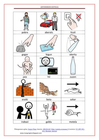 ANTONIMOEN HIZTEGIA
Piktogramen egilea: Sergio Palao Jatorria: ARASAAC (http://catedu.es/arasaac/) Lizentzia: CC (BY-NC-
SA). Besteak: Internet
www.margarigela.blogspot.com
pobre aberats Itzali
gogor bigun okertu
jaio hil zuzen
eraiki bota azkar
irabazi galdu motela
 