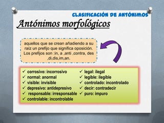 Clasificación de antónimos
Antónimos morfológicos
 aquellos que se crean añadiendo a su
 raíz un prefijo que significa oposición.
 Los prefijos son :in, a ,anti ,contra, des
               ,di,dis,im,an.


    corrosivo: incorrosivo          legal: ilegal
    normal: anormal                 legible: ilegible
    visible: invisible              controlado: incontrolado
    depresivo: antidepresivo        decir: contradecir
    responsable: irresponsable      puro: impuro
    controlable: incontrolable
 