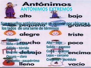 Son aquellos antónimos que se oponen por ubicarse a
los lados de una serie de términos

   Ejemplos :
   Niño – anciano          Alto – bajo
   Gélido – tórrido        Solido – gaseoso
   Enorme – diminuto       Corto – extenso
   Oscuro – claro          Lejos – cercano
   Opulento - paupérrimo   Creyente – incrédulo
 
