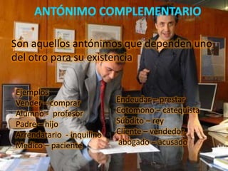 Son aquellos antónimos que dependen uno
del otro para su existencia

Ejemplos
Vender – comprar           Endeudar – prestar
Alumno - profesor          Cotomono – catequista
Padre – hijo               Súbdito – rey
Arrendatario - inquilino   Cliente – vendedor
Medico – paciente          abogado – acusado
 