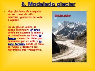 8. Modelado glaciar Hay glaciares de casquete en las zonas de alta montaña, glaciares de valle o alpinos. En un glaciar alpino se puede distinguir:  el circo  donde se acumula la nieve y se transforma en hielo,  la lengua  o masa de hielo que desciende por el valle y  la zona terminal  donde el hielo se funde y deposita los materiales que transporta. Glaciar alpino 