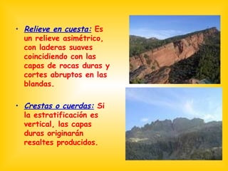 Relieve en cuesta:  Es un relieve asimétrico, con laderas suaves coincidiendo con las capas de rocas duras y cortes abruptos en las blandas. Crestas o cuerdas:  Si la estratificación es vertical, las capas duras originarán resaltes producidos. 