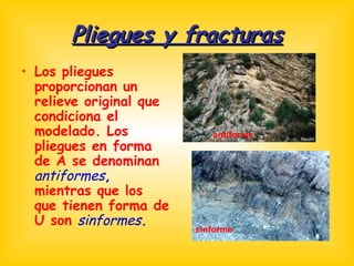 Pliegues y fracturas Los pliegues proporcionan un relieve original que condiciona el modelado. Los pliegues en forma de A se denominan  antiformes ,  mientras que los que tienen forma de U son  sinformes . antiforme sinforme 