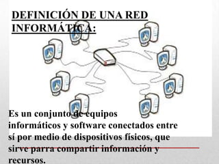 DEFINICIÓN DE UNA RED
INFORMÁTICA:

Es un conjunto de equipos
informáticos y software conectados entre
sí por medio de dispositivos físicos, que
sirve parra compartir información y
recursos.

 