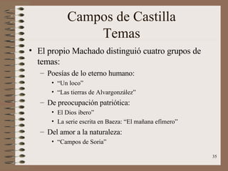 Campos de Castilla Temas El propio Machado distinguió cuatro grupos de temas: Poesías de lo eterno humano: “ Un loco” “ Las tierras de Alvargonzález” De preocupación patriótica: El Dios ibero” La serie escrita en Baeza: “El mañana efímero” Del amor a la naturaleza: “ Campos de Soria” 
