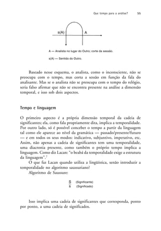 A — Analista no lugar do Outro; corte da sessão.
s(A) — Sentido do Outro.
Baseado nesse esquema, o analista, como o inconsciente, não se
preocupa com o tempo, mas corta a sessão em função da fala do
analisante. Mas se o analista não se preocupa com o tempo do relógio,
seria falso afirmar que não se encontra presente na análise a dimensão
temporal, e isso sob dois aspectos.
Tempo e linguagem
O primeiro aspecto é a própria dimensão temporal da cadeia de
significantes; ela, como fala propriamente dita, implica a temporalidade.
Por outro lado, só é possível conceber o tempo a partir da linguagem
tal como ele aparece ao nível da gramática — passado/presente/futuro
— e em todos os seus modos: indicativo, subjuntivo, imperativo, etc.
Assim, não apenas a cadeia de significantes tem uma temporalidade,
uma diacronia presente, como também o próprio tempo implica a
linguagem. Como diz Lacan: “o beabá da temporalidade exige a estrutura
da linguagem”.7
O que faz Lacan quando utiliza a lingüística, senão introduzir a
temporalidade no algoritmo saussuriano?
Algoritmo de Saussure:
S (Significante)
s (Significado)
Isso implica uma cadeia de significantes que corresponda, ponto
por ponto, a uma cadeia de significados.
A
s(A)
Que tempo para a análise? 55
 