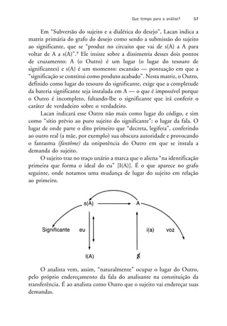 Em “Subversão do sujeito e a dialética do desejo”, Lacan indica a
matriz primária do grafo do desejo como sendo a submissão do sujeito
ao significante, que se “produz no circuito que vai de s(A) a A para
voltar de A a s(A)”.9 Ele insiste sobre a dissimetria desses dois pontos
de cruzamento: A (o Outro) é um lugar (o lugar do tesouro de
significantes) e s(A) é um momento: escansão — pontuação em que a
“significação se constitui como produto acabado”. Nesta matriz, o Outro,
definido como lugar do tesouro do significante, exige que a completude
da bateria significante seja instalada em A — o que é impossível porque
o Outro é incompleto, faltando-lhe o significante que irá conferir o
caráter de verdadeiro sobre o verdadeiro.
Lacan indicará esse Outro não mais como lugar do código, e sim
como “sítio prévio ao puro sujeito do significante”: o lugar da fala. O
lugar de onde parte o dito primeiro que “decreta, legifera”, conferindo
ao outro real (a mãe, por exemplo) sua obscura autoridade e provocando
o fantasma (fantôme) da onipotência do Outro em que se instala a
demanda do sujeito.
O sujeito traz no traço unário a marca que o aliena “na identificação
primeira que forma o ideal do eu” [I(A)]. É o que aparece no grafo
seguinte, onde notamos uma mudança de lugar do sujeito em relação
ao primeiro.
O analista vem, assim, “naturalmente” ocupar o lugar do Outro,
pelo próprio endereçamento da fala do analisante na constituição da
transferência. É ao analista como Outro que o sujeito vai endereçar suas
demandas.
Que tempo para a análise? 57
 