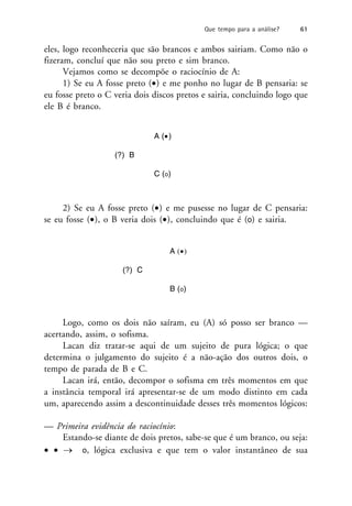 eles, logo reconheceria que são brancos e ambos sairiam. Como não o
fizeram, concluí que não sou preto e sim branco.
Vejamos como se decompõe o raciocínio de A:
1) Se eu A fosse preto () e me ponho no lugar de B pensaria: se
eu fosse preto o C veria dois discos pretos e sairia, concluindo logo que
ele B é branco.
A ()
(?) B
C (o)
2) Se eu A fosse preto () e me pusesse no lugar de C pensaria:
se eu fosse (), o B veria dois (), concluindo que é (o) e sairia.
A ()
(?) C
B (o)
Logo, como os dois não saíram, eu (A) só posso ser branco —
acertando, assim, o sofisma.
Lacan diz tratar-se aqui de um sujeito de pura lógica; o que
determina o julgamento do sujeito é a não-ação dos outros dois, o
tempo de parada de B e C.
Lacan irá, então, decompor o sofisma em três momentos em que
a instância temporal irá apresentar-se de um modo distinto em cada
um, aparecendo assim a descontinuidade desses três momentos lógicos:
— Primeira evidência do raciocínio:
Estando-se diante de dois pretos, sabe-se que é um branco, ou seja:
   o, lógica exclusiva e que tem o valor instantâneo de sua
Que tempo para a análise? 61
 