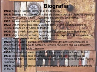 Biografía
1905: Nace en Rosario, Santa Fé, el 14 de mayo.
1914: Empieza a estudiar en un atelier de vitreaux. Asiste a clases de dibujo y
pintura en el “Centro Catalá” . Comienza sus estudios secundarios.
1920: Primera muestra individual . Expone paisajes.
1925: Obtiene una beca Jockey Club de Rosario para estudiar pintura en
Europa. Expone en el “Salón de Madrid.”
1926: Viaja a París. Descubre las vanguardias plásticas contemporáneas.
1927: Viaja a través de Italia, Bélgica y Holanda. Expone en Buenos Aires con
los pintores argentinos del grupo de París.
1928: Nuevo viaje a Europa, otra beca durante dos años concedida por el
gobierno de la Provincia de Santa Fé. Decisivo encuentro con los surrealistas.
1929: Se casa con Paule Cazenave.
1930: Nace su hija Helene. Vuelve a la Argentina y se establece en Rosario.
1932: Expone óleos, foto-ensambles, collages y dibujos surrealistas en
“Amigos del Arte” de Buenos Aires. Fundó, con otros pintores, el grupo “Nuevo
Realismo” .
1934: Colabora y difiere con el pintor mexicano Siqueiros, en su permanencia
en Bs.As.
 