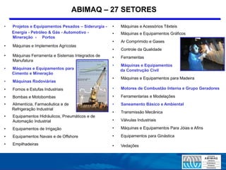 ABIMAQ – 27 SETORES

•   Projetos e Equipamentos Pesados – Siderurgia -   •   Máquinas e Acessórios Têxteis
    Energia - Petróleo & Gás - Automotivo -          •   Máquinas e Equipamentos Gráficos
    Mineração - Portos
                                                     •   Ar Comprimido e Gases
•   Máquinas e Implementos Agrícolas
                                                     •   Controle da Qualidade
•   Máquinas Ferramenta e Sistemas Integrados de     •   Ferramentas
    Manufatura
                                                     •   Máquinas e Equipamentos
•   Máquinas e Equipamentos para                         da Construção Civil
    Cimento e Mineração
                                                     •   Máquinas e Equipamentos para Madeira
•   Máquinas Rodoviárias
•   Fornos e Estufas Industriais                     •   Motores de Combustão Interna e Grupo Geradores

•   Bombas e Motobombas                              •   Ferramentarias e Modelações
•   Alimentícia, Farmacêutica e de                   •   Saneamento Básico e Ambiental
    Refrigeração Industrial
                                                     •   Transmissão Mecânica
•   Equipamentos Hidráulicos, Pneumáticos e de
    Automação Industrial                             •   Válvulas Industriais

•   Equipamentos de Irrigação                        •   Máquinas e Equipamentos Para Jóias e Afins

•   Equipamentos Navais e de Offshore                •   Equipamentos para Ginástica

•   Empilhadeiras                                    •   Vedações
 