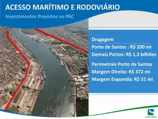 ACESSO MARÍTIMO E RODOVIÁRIOInvestimentos Previstos no PACDragagem Porto de Santos : R$ 200 miDemais Portos: R$ 1,3 bilhõesPerimetrais Porto de SantosMargem Direita: R$ 372 miMargem Esquerda: R$ 51 mi