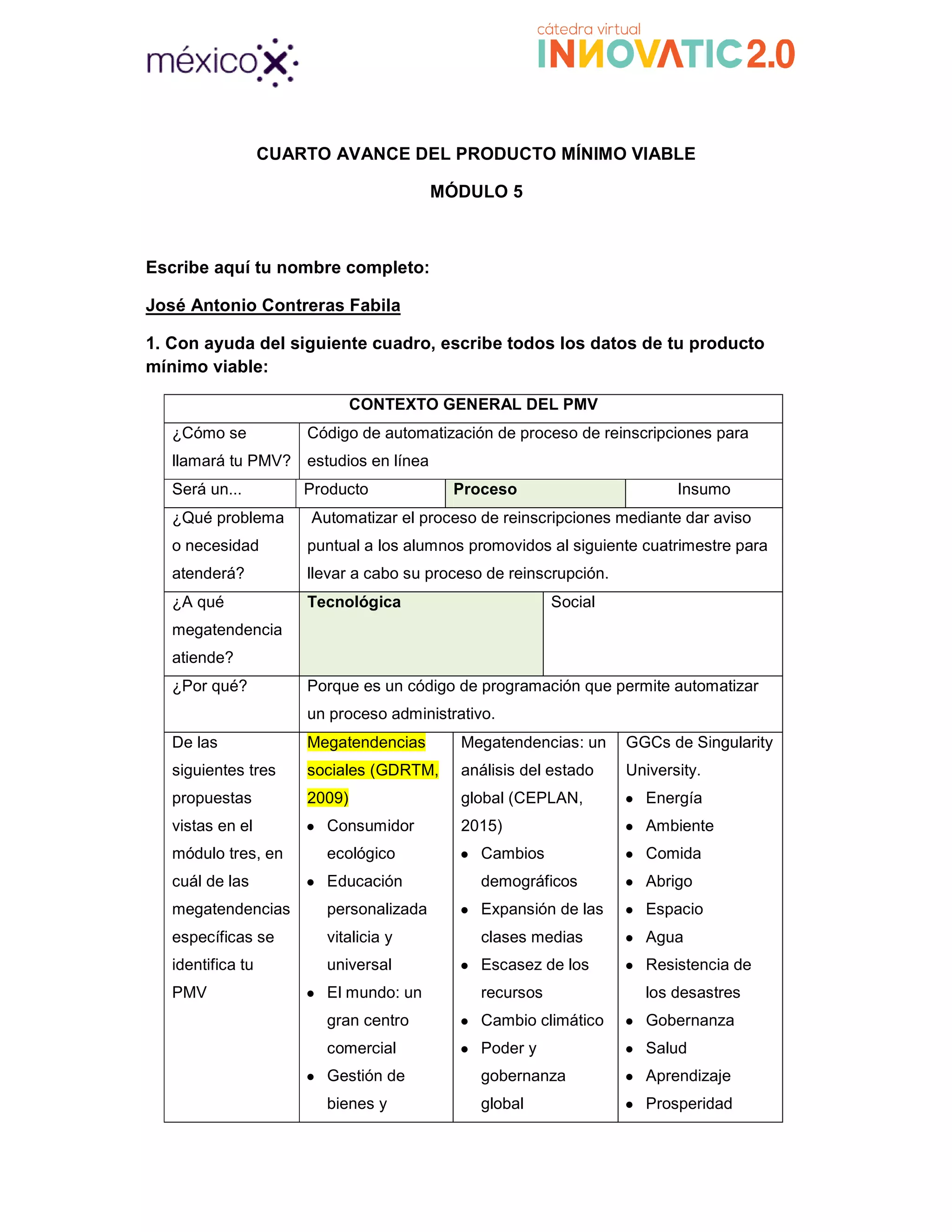 CUARTO AVANCE DEL PRODUCTO MÍNIMO VIABLE
Escribe aquí tu nombre completo:
José Antonio Contreras Fabila
1. Con ayuda del siguiente cuadro, escribe todos los datos de tu producto
mínimo viable:
CONTEXTO GENERAL
¿Cómo se
llamará tu PMV?
Código de automatización de proceso de reinscripciones para
estudios en línea
Será un... Producto
¿Qué problema
o necesidad
atenderá?
Automatizar el proceso de reinscripciones mediante dar aviso
puntual a los alumnos promovidos al siguiente cuatri
llevar a cabo su proceso de reinscrupción.
¿A qué
megatendencia
atiende?
Tecnológica
¿Por qué? Porque es un código de programación que permite automatizar
un proceso administrativo.
De las
siguientes tres
propuestas
vistas en el
módulo tres, en
cuál de las
megatendencias
específicas se
identifica tu
PMV
Megatendencias
sociales (GDRTM,
2009)
● Consumidor
ecológico
● Educación
personalizada
vitalicia y
universal
● El mundo: un
gran centro
comercial
● Gestión de
bienes y
CUARTO AVANCE DEL PRODUCTO MÍNIMO VIABLE
MÓDULO 5
Escribe aquí tu nombre completo:
José Antonio Contreras Fabila
1. Con ayuda del siguiente cuadro, escribe todos los datos de tu producto
CONTEXTO GENERAL DEL PMV
Código de automatización de proceso de reinscripciones para
estudios en línea
Proceso Insumo
Automatizar el proceso de reinscripciones mediante dar aviso
puntual a los alumnos promovidos al siguiente cuatrimestre
llevar a cabo su proceso de reinscrupción.
Tecnológica Social
rque es un código de programación que permite automatizar
un proceso administrativo.
Megatendencias
sociales (GDRTM,
Consumidor
ecológico
Educación
personalizada
vitalicia y
universal
El mundo: un
gran centro
comercial
Gestión de
bienes y
Megatendencias: un
análisis del estado
global (CEPLAN,
2015)
● Cambios
demográficos
● Expansión de las
clases medias
● Escasez de los
recursos
● Cambio climático
● Poder y
gobernanza
global
GGCs de Singularity
University.
● Energía
● Ambiente
● Comida
● Abrigo
● Espacio
● Agua
● Resistencia de
los desastres
● Gobernanza
● Salud
● Aprendizaje
● Prosperidad
1. Con ayuda del siguiente cuadro, escribe todos los datos de tu producto
Código de automatización de proceso de reinscripciones para
Insumo
Automatizar el proceso de reinscripciones mediante dar aviso
mestre para
rque es un código de programación que permite automatizar
GGCs de Singularity
Ambiente
Resistencia de
los desastres
Gobernanza
Aprendizaje
speridad
 