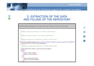 CulturaItalia

Organizational and Technical support for content p
  g                            pp                providers


   5. EXTRACTION OF THE DATA
 AND FILLING OF THE REPOSITORY




                                                             13
 