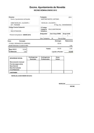 Excmo. Ayuntamiento de Novelda
                                         RECIBO NÓMINA ENERO 2012



 Empresa                                          Trabajador                                         2010
    Excmo. Ayuntamiento de Novelda                 MARTINEZ MATEO, ANTONIO

    03660 NOVELDA ( ALICANTE )                      NOVELDA ( ALICANTE )
    CIF: P309300B                                                    Nº Seg. Soc.: 00/00000000/00
 Código Cuenta Cotización                          P.Trabajo:
    / /                                            Categoria:   SOLO ASISTENCIAS
   SIN COTIZACION                                  N.Destino:

                                                  Antiguedad         Cod. Ocup./CNAE     Grupo tarifa
  Periodo de liquidacion: ENERO 2012
                                                                                                 1

                                                  Días Trabajados:    30         Días de Baja:

Clave             Concepto                                                  Devengos         Retenciones
 131ASIS. ORGANOS DE GOBIERNO                                                   125,00
 962RETENCION A CUENTA IRPF                                                                           2,50

                                                           Totales:             125,00                2,50
  Base I.R.P.F.        125,00
 % Retención               2,00                                        Liquido a Percibir:           122,50



                                  Contingencias    Contingencias             Horas
   SEGURIDAD SOCIAL
                                    Generales      Profesionales             Extras

   Remuneración mensual
   Prorrata pagas extras
   Base General
   Base Normalizada
   % de Retención

   A RETENER

        NOVELDA, 28 DE ENERO DE 2012




                                                                                  NOVELDA,

                                                                                                       RECIBÍ,
 