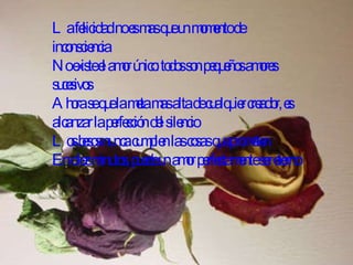 La felicidad no es mas que un momento de inconsciencia No existe el amor único: todos son pequeños amores sucesivos Ahora se que la meta mas alta de cualquier creador, es alcanzar la perfección del silencio Los besos nunca cumplen las cosas que prometen En diez minutos, puede un amor perfectamente ser eterno 