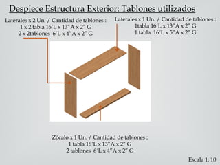 Zócalo x 1 Un. / Cantidad de tablones :
1 tabla 16´L x 13”A x 2” G
2 tablones 6´L x 4”A x 2” G
Laterales x 2 Un. / Cantidad de tablones :
1 x 2 tabla 16´L x 13”A x 2” G
2 x 2tablones 6´L x 4”A x 2” G
Laterales x 1 Un. / Cantidad de tablones :
1tabla 16´L x 13”A x 2” G
1 tabla 16´L x 5”A x 2” G
Despiece Estructura Exterior: Tablones utilizados
Escala 1: 10
 