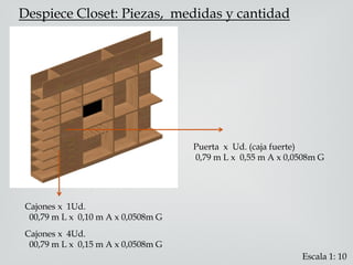 Despiece Closet: Piezas, medidas y cantidad
Puerta x Ud. (caja fuerte)
0,79 m L x 0,55 m A x 0,0508m G
Cajones x 1Ud.
00,79 m L x 0,10 m A x 0,0508m G
Escala 1: 10
Cajones x 4Ud.
00,79 m L x 0,15 m A x 0,0508m G
 