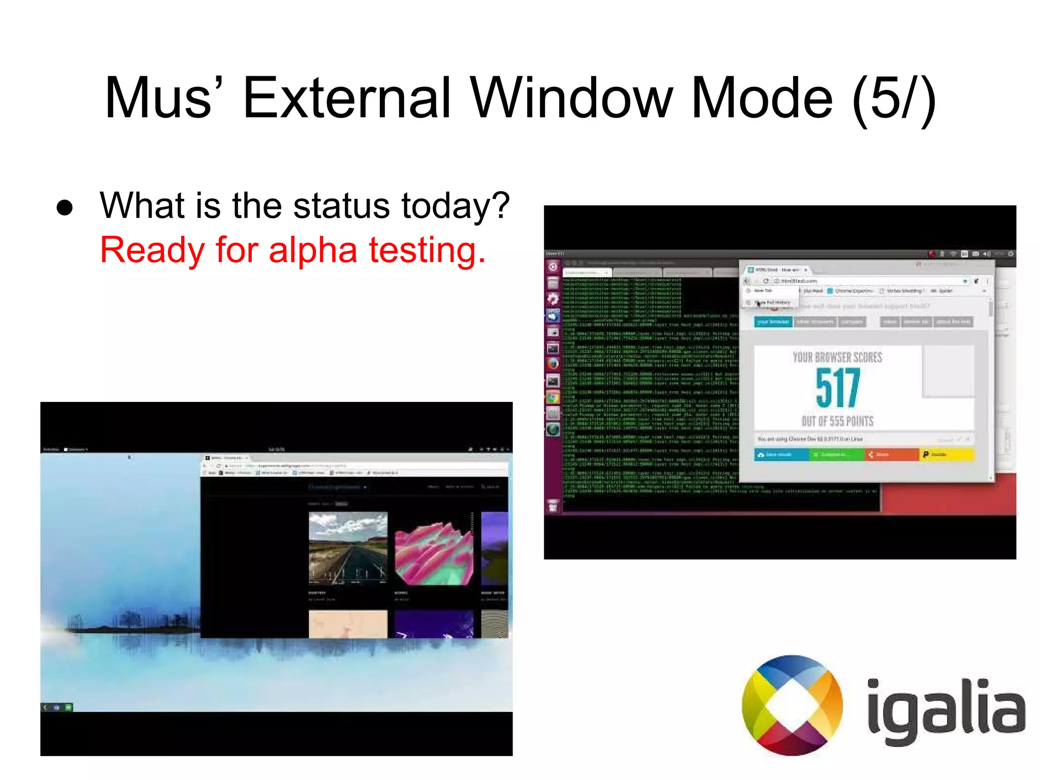Mus’ External Window Mode (5/)
● What is the status today?
Ready for alpha testing.
 