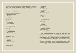 ESTRUTURA DE NIMBOS, único libro de poesía editado por Xosé María
Díaz Castro en vida. Estes poemas, contidos en Nimbos (1961) son os
principais do autor homenaxeado o vindeiro 17 de maio de 2014.
Corresponde a este ÍNDICE:
PÓRTICO (I)- contén os poemas:
· “Coma ventos fuxidos”
· “Nimbos”
· “Coma brasas”
NOITE (II)
· “Borrallo”
· “Alfa e omega”
· “Noite do mundo”
· “Coma un anxo airado”
· “O verme e a estrela”
LUS (III)
· “Esmeralda”
· “Veleiquí os homes”
· “No novo ceo”
· “A noite é necesaria”
ESPRANZA (IV)
· “Terra sucada”
· “Penélope”
· “Quezáis”
· “Terra do tempo”
MILAGRE (V)
· “Polpa dorida”
· “Remuíño”
· “Cova alumada”
· “Trasfiguración”
· “Vísperas”
· “O berro das pedras”
SOÑO (VI)
· “A cerna”
· “Coma un río”
· “No esplendor do día”
FERIDA (VII)
· “Cortina”
· “Ai, capitán”
· “Terra achaiada”
· “Coma unha escada”
· “Monumento á ausencia”
· “Coma unha insua”
· “Coma unha espada”.
*****
A priori os títulos dos poemas son curiosos, de moitos tipos, pero
significativos; cada título é síntese do contido do poema en cuestión, e para
iso o autor utiliza metáforas, comparacións e outros recursos. Ademais
nótase que segue, p. ex. na parte de Ferida, unha relación entre elementos,
e é que esa Ferida á que se refire o título sétimo (tamén se podería
considerar recorrente, á par que motivada, a división en sete partes) é a que
a beleza lle produce ao autor como se a beleza fose unha espada, “Coma
unha espada”, onde o refrán é a máxima «A beleza feriume para sempre».
(a revisar por Alfonso esta interpretación)
 