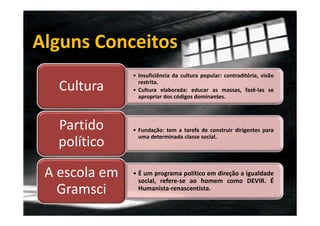 Alguns Conceitos
Cultura

• Insuficiência da cultura popular: contraditória, visão
restrita.
• Cultura elaborada: educar as massas, fazê-las se
apropriar dos códigos dominantes.

Partido
político

• Fundação: tem a tarefa de construir dirigentes para
uma determinada classe social.

A escola em
Gramsci

• É um programa político em direção a igualdade
social, refere-se ao homem como DEVIR. É
Humanista-renascentista.

 