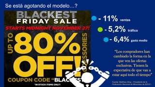 Se está agotando el modelo…?
- 11% ventas
- 5,2% tráfico
- 6,4% gasto medio
“Los compradores han
cambiado la forma en la
que ven las ofertas
exclusivas. Tienen la
expectativa de que van a
estar aquí todo el tiempo”
Fuente: Matthew Shay - Presidente de la
Federación Nacional de Minoristas de EEUU -
 