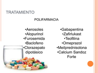 TRATAMIENTO
POLIFARMACIA
•Aerosoles
•Alopurinol
•Furosemida
•Baclofeno
•Clorazepato
dipotásico
•Gabapentina
•Zafirlukast
•Teofilina
•Omeprazol
•Meilprednisolona
•Calcium Sandoz
Forte
 
