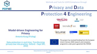 Methods and Tools for GDPR Compliance through
Privacy and Data
Protection 4 Engineering
Model-driven Engineering for
Privacy
Antonio Kung (Trialog)
Data protection in real-time. Transforming
privacy law into practice. Oxford – Sept 9th,
2019
This project has received funding from the European
Union’s Horizon 2020 research and innovation
programme under grant agreement No 787034
09/09/2019
Data protection in real-time. Transforming privacy law into
practice
Slide 1
 