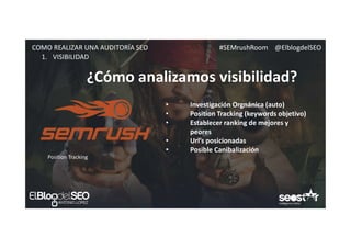 #SEMrushRoom @ElblogdelSEOCOMO REALIZAR UNA AUDITORÍA SEO
¿Cómo analizamos visibilidad?
1. VISIBILIDAD
• Investigación Orgnánica (auto)
• Position Tracking (keywords objetivo)
• Establecer ranking de mejores y
peores
• Url’s posicionadas
• Posible Canibalización
Position Tracking
 