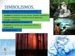 SIMBOLISMOS.
El agua: La rapidez con la que pasa el tiempo.

La tarde: El contacto con uno mismo. También simboliza la
muerte y sensaciones o estados como la depresión,
nostalgia, melancolía…
El aire: La libertad de uno mismo.
El camino: El camino que recorremos todos en
nuestra vida.
La fuente: Ilusión
 