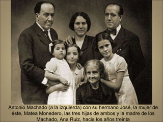 Antonio Machado (a la izquierda) con su hermano José, la mujer de éste, Matea Monedero, las tres hijas de ambos y la madre de los Machado, Ana Ruiz, hacia los años treinta 