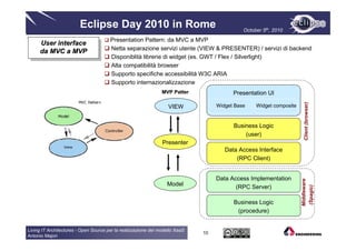 Eclipse Day 2010 in Rome                                            October 5th, 2010
                                       Presentation Pattern: da MVC a MVP
     User interface
      User interface                   Netta separazione servizi utente (VIEW & PRESENTER) / servizi di backend
     da MVC aaMVP
      da MVC MVP                       Disponiblità librerie di widget (es. GWT / Flex / Silverlight)
                                       Alta compatibilità browser
                                       Supporto specifiche accessibilità W3C ARIA
                                       Supporto internazionalizzazione
                                                                MVP Patter               Presentation UI




                                                                                                                      Client (browser)
                                                                   VIEW            Widget Base    Widget composite



                                                                                         Business Logic
                                                                                             (user)
                                                                Presenter
                                                                                      Data Access Interface
                                                                                          (RPC Client)


                                                                                   Data Access Implementation




                                                                                                                     Middleware
                                                                  Model                   (RPC Server)




                                                                                                                     (Spagic)
                                                                                         Business Logic
                                                                                          (procedure)


Living IT Architectures - Open Source per la realizzazione del modello XaaS
                                                                              10
Antonio Majori
 