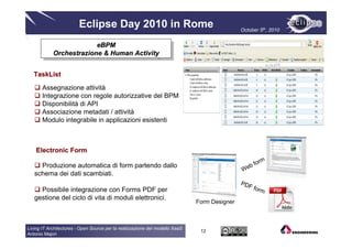 Eclipse Day 2010 in Rome                                             October 5th, 2010


                         eBPM
                          eBPM
            Orchestrazione & Human Activity
            Orchestrazione & Human Activity

   TaskList

       Assegnazione attività
       Integrazione con regole autorizzative del BPM
       Disponibilità di API
       Associazione metadati / attività
       Modulo integrabile in applicazioni esistenti



    Electronic Form
                                                                                                        rm
     Produzione automatica di form partendo dallo                                                 e b fo
                                                                                              W
   schema dei dati scambiati.
                                                                                              PDF
     Possibile integrazione con Forms PDF per                                                     form
   gestione del ciclo di vita di moduli elettronici.
                                                                              Form Designer



Living IT Architectures - Open Source per la realizzazione del modello XaaS
                                                                               12
Antonio Majori
 