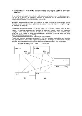  Ambientes de rede CMC implementado no projeto GDPS X ambiente
  anterior.
No ambiente anterior ao implementado a rede e os aplicativos conviviam em dois sistemas, o
ONLINE e o BATCH, e tínhamos também os sistemas de DESENVOLVIMENTO e
HOMOLOGAÇÃO e DATAWAREHOUSE e SUPORTE.

No Banco Nossa Caixa foi criado um ambiente de teste, no qual foi implementado o novo
desenho de rede e aplicativos, e após todos os testes necessários fazemos a implementação
no ambiente de produção.

O ambiente atual está divido em TESTPLEX e PRODPLEX. Como o próprio nome já diz, o
sysplex TESTPLEX é segregado para ambiente de testes, e o sysplex PRODPLEX é somente
produção. Neles temos dois sistemas de rede, um para cada site, onde estão os NCPs, todas
linhas, os XCAs, todos as linhas Datalinkswitchs e as linhas EE/APPN, além das linhas
EBN(Redes Mainframe externas APPN).
Temos dois sistemas de aplicativos e dados, um para cada site.
Temos dois sistemas isolados chamados K1 e K2, com recursos necessários para o GDPS
(Um tipo de Netview com funções específicas para fazer a mudanças de sistemas em partições
backup). Temos a figura destas configurações que demonstram melhor está explanação.
 