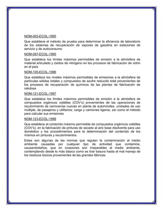 NOM-093-ECOL-1995
Que establece el método de prueba para determinar la eficiencia de laboratorio
de los sistemas de recuperación de vapores de gasolina en estaciones de
servicio y de autoconsumo
NOM-097-ECOL-1995
Que establece los límites máximos permisibles de emisión a la atmósfera de
material articulado y óxidos de nitrógeno en los procesos de fabricación de vidrio
en el país
NOM-105-ECOL-1996
Que establece los niveles máximos permisibles de emisiones a la atmósfera de
partículas sólidas totales y compuestos de azufre reducido total provenientes de
los procesos de recuperación de químicos de las plantas de fabricación de
celulosa
NOM-121-ECOL-1997
Que establece los límites máximos permisibles de emisión a la atmósfera de
compuestos orgánicos volátiles (COV’s) provenientes de las operaciones de
recubrimiento de carrocerías nuevas en planta de automóviles, unidades de uso
múltiple, de pasajeros y utilitarios; carga y camiones ligeros, así como el método
para calcular sus emisiones
NOM-123-ECOL-1998
Que establece el contenido máximo permisible de compuestos orgánicos volátiles
(COV’s), en la fabricación de pinturas de secado al aire base disolvente para uso
doméstico y los procedimientos para la determinación del contenido de los
mismos en pinturas y recubrimientos.
Estas son algunas de las normas que regulan la contaminación al medio
ambiente causadas por cualquier tipo de actividad que contamine,
causandodaños, que en ocasiones son irreparables al medio ambiente,
contemplando desde lo más básico como es tirar basura hasta el mal manejo de
los residuos tóxicos provenientes de las grandes fábricas.
 
