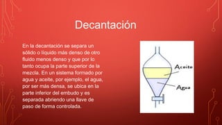 Decantación
En la decantación se separa un
sólido o líquido más denso de otro
fluido menos denso y que por lo
tanto ocupa la parte superior de la
mezcla. En un sistema formado por
agua y aceite, por ejemplo, el agua,
por ser más densa, se ubica en la
parte inferior del embudo y es
separada abriendo una llave de
paso de forma controlada.
 