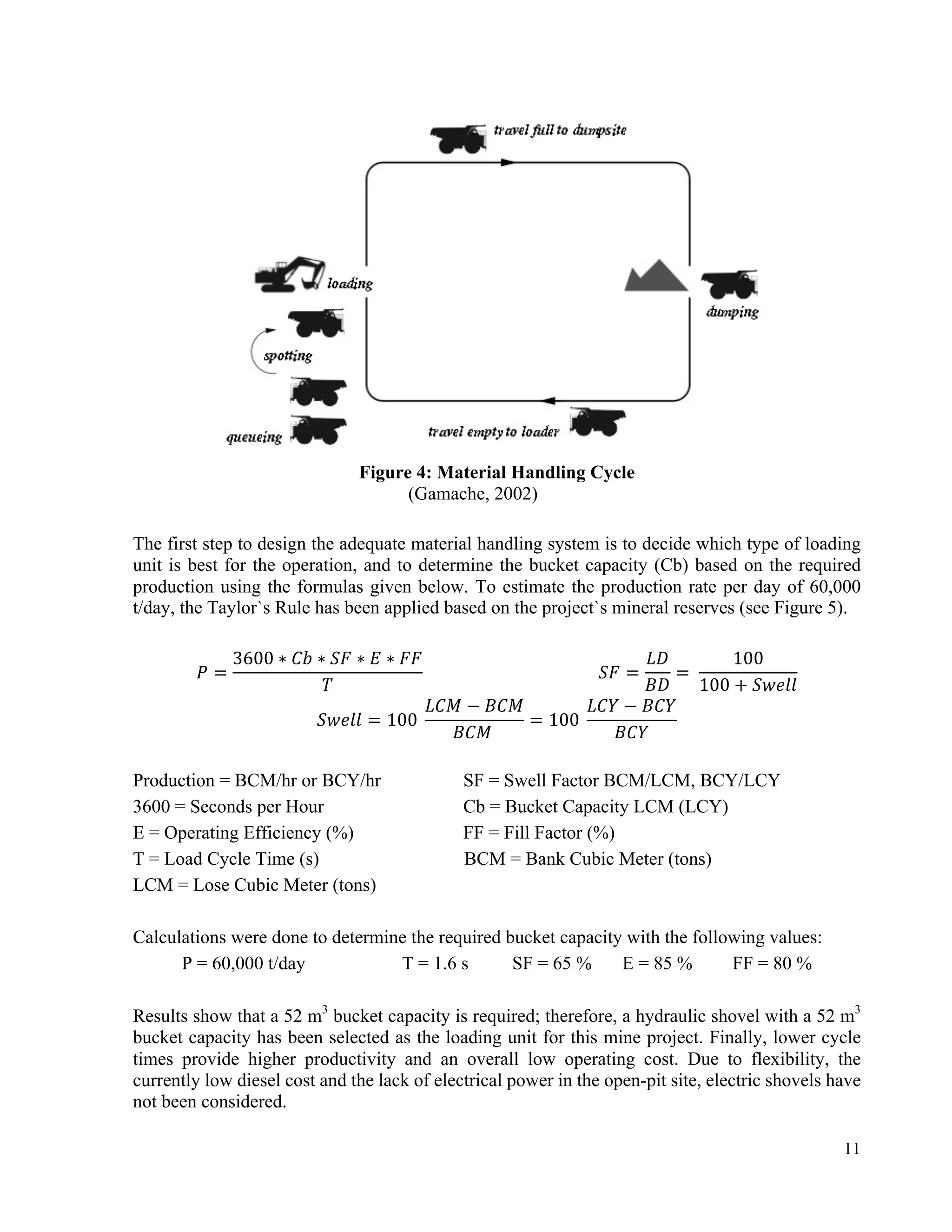 11
Figure 4: Material Handling Cycle
(Gamache, 2002)
The first step to design the adequate material handling system is to decide which type of loading
unit is best for the operation, and to determine the bucket capacity (Cb) based on the required
production using the formulas given below. To estimate the production rate per day of 60,000
t/day, the Taylor`s Rule has been applied based on the project`s mineral reserves (see Figure 5).
𝑃 =
3600 ∗ 𝐶𝑏 ∗ 𝑆𝐹 ∗ 𝐸 ∗ 𝐹𝐹
𝑇
																																										𝑆𝐹 =
𝐿𝐷
𝐵𝐷
=	
100
100 + 𝑆𝑤𝑒𝑙𝑙
𝑆𝑤𝑒𝑙𝑙 = 100	
𝐿𝐶𝑀 − 𝐵𝐶𝑀
𝐵𝐶𝑀	
= 100	
𝐿𝐶𝑌 − 𝐵𝐶𝑌
𝐵𝐶𝑌
Production = BCM/hr or BCY/hr SF = Swell Factor BCM/LCM, BCY/LCY
3600 = Seconds per Hour Cb = Bucket Capacity LCM (LCY)
E = Operating Efficiency (%) FF = Fill Factor (%)
T = Load Cycle Time (s) BCM = Bank Cubic Meter (tons)
LCM = Lose Cubic Meter (tons)
Calculations were done to determine the required bucket capacity with the following values:
P = 60,000 t/day T = 1.6 s SF = 65 % E = 85 % FF = 80 %
Results show that a 52 m3
bucket capacity is required; therefore, a hydraulic shovel with a 52 m3
bucket capacity has been selected as the loading unit for this mine project. Finally, lower cycle
times provide higher productivity and an overall low operating cost. Due to flexibility, the
currently low diesel cost and the lack of electrical power in the open-pit site, electric shovels have
not been considered.
 