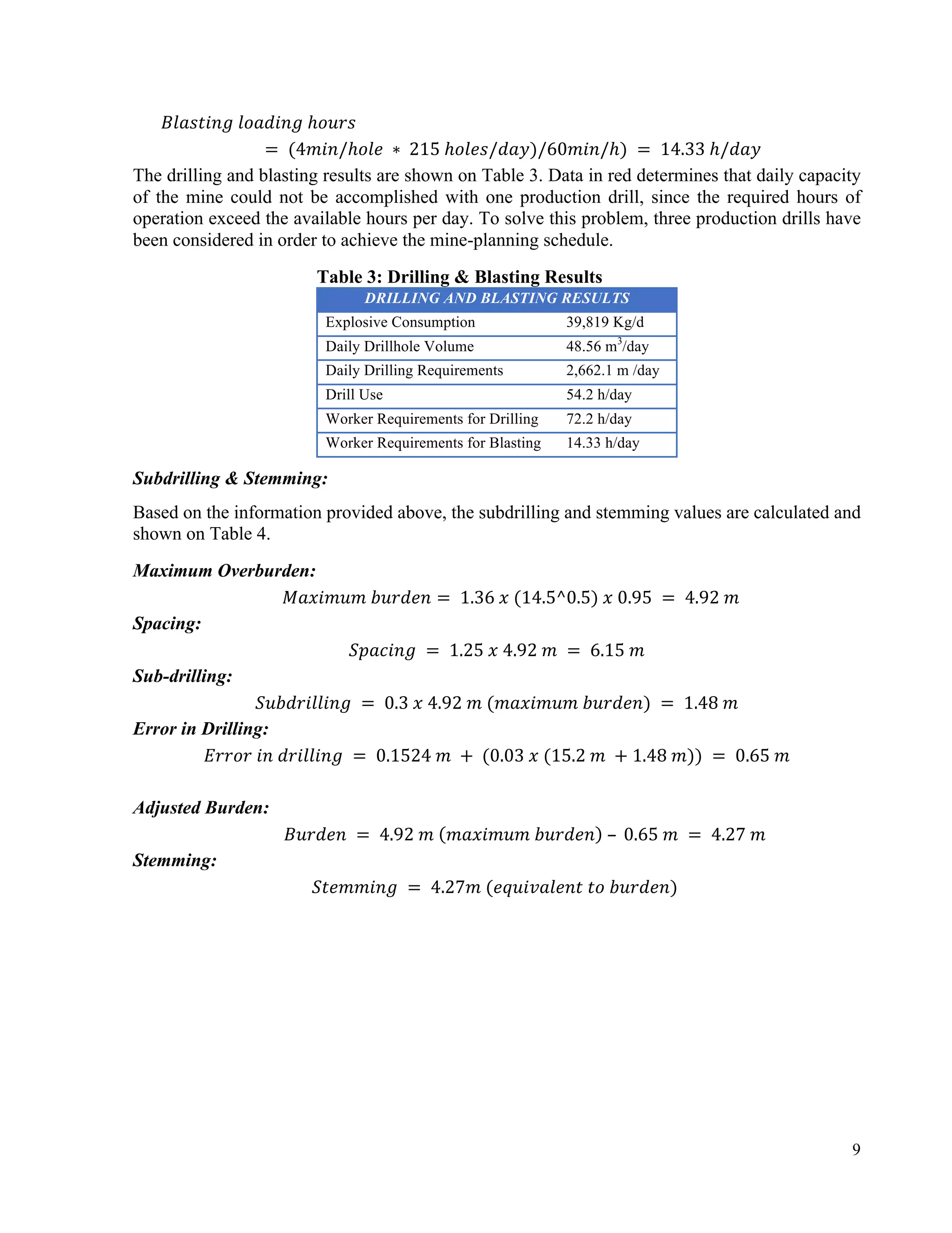 9
𝐵𝑙𝑎𝑠𝑡𝑖𝑛𝑔	𝑙𝑜𝑎𝑑𝑖𝑛𝑔	ℎ𝑜𝑢𝑟𝑠
	=	(4𝑚𝑖𝑛/ℎ𝑜𝑙𝑒	 ∗ 	215	ℎ𝑜𝑙𝑒𝑠/𝑑𝑎𝑦)/60𝑚𝑖𝑛/ℎ)	= 	14.33	ℎ/𝑑𝑎𝑦
The drilling and blasting results are shown on Table 3. Data in red determines that daily capacity
of the mine could not be accomplished with one production drill, since the required hours of
operation exceed the available hours per day. To solve this problem, three production drills have
been considered in order to achieve the mine-planning schedule.
Table 3: Drilling & Blasting Results
DRILLING AND BLASTING RESULTS
Explosive Consumption 39,819 Kg/d
Daily Drillhole Volume 48.56 m3
/day
Daily Drilling Requirements 2,662.1 m /day
Drill Use 54.2 h/day
Worker Requirements for Drilling 72.2 h/day
Worker Requirements for Blasting 14.33 h/day
Subdrilling & Stemming:
Based on the information provided above, the subdrilling and stemming values are calculated and
shown on Table 4.
Maximum Overburden:
𝑀𝑎𝑥𝑖𝑚𝑢𝑚	𝑏𝑢𝑟𝑑𝑒𝑛 = 	1.36	𝑥	(14.5^0.5)	𝑥	0.95	 = 	4.92	𝑚
Spacing:
𝑆𝑝𝑎𝑐𝑖𝑛𝑔	 = 	1.25	𝑥	4.92	𝑚	 = 	6.15	𝑚
Sub-drilling:
𝑆𝑢𝑏𝑑𝑟𝑖𝑙𝑙𝑖𝑛𝑔	 = 	0.3	𝑥	4.92	𝑚	(𝑚𝑎𝑥𝑖𝑚𝑢𝑚	𝑏𝑢𝑟𝑑𝑒𝑛)	= 	1.48	𝑚
Error in Drilling:
𝐸𝑟𝑟𝑜𝑟	𝑖𝑛	𝑑𝑟𝑖𝑙𝑙𝑖𝑛𝑔	 = 	0.1524	𝑚	 +	(0.03	𝑥	(15.2	𝑚	 + 1.48	𝑚))	= 	0.65	𝑚	
Adjusted Burden:
𝐵𝑢𝑟𝑑𝑒𝑛	 = 	4.92	𝑚	 𝑚𝑎𝑥𝑖𝑚𝑢𝑚	𝑏𝑢𝑟𝑑𝑒𝑛 	– 	0.65	𝑚	 = 	4.27	𝑚
Stemming:
𝑆𝑡𝑒𝑚𝑚𝑖𝑛𝑔	 = 	4.27𝑚	(𝑒𝑞𝑢𝑖𝑣𝑎𝑙𝑒𝑛𝑡	𝑡𝑜	𝑏𝑢𝑟𝑑𝑒𝑛)	
 