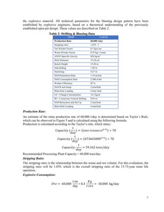 7
the explosive material. All technical parameters for the blasting design pattern have been
established by explosive engineers, based on a theoretical understanding of the previously
established open-pit design. These values are described on Table 2.
Table 2: Drilling & Blasting Data
ITEM VALUE
Production Rate 60,000 t/day
Stripping ratio 1.039 : 1
Ore Powder Factor 0.3 kg/t ore
Waste Powder Factor 0.35 kg/ t waste
ANFO Specific Gravity 820 kg/m3
Hole Diameter 15.24 cm
Bench Height 15.20 m
Sub-drilling 1.48 m
Stemming 4.27 m
Drill Penetration Rate 1.10 m/min
Drill Consumption Rate 2,500 m/bit
Worker Efficiency 85 %
Drill R and Setup 2 min/hole
Blast-hole Loading 4 min/ hole
Lb = Charge Concentration 14.5 kg/m
RI = Correction Vertical Drilling 0.95 m
Drill Relocation and Set Up 2 min/hole
Blast Hole Loading 4 min/hole
Production Rate:
An estimate of the mine production rate of 60,000 t/day is determined based on Taylor`s Rule,
which can be observed in Figure 5 and is calculated using the following formula:
Production is calculated according to the Taylor’s rule, which states:
𝐶𝑎𝑝𝑎𝑐𝑖𝑡𝑦	(
𝑡
𝑑𝑎𝑦
) = 𝑡𝑜𝑛𝑠	𝑟𝑒𝑠𝑜𝑢𝑟𝑐𝑒3.56
÷ 70
𝐶𝑎𝑝𝑎𝑐𝑖𝑡𝑦	(
𝑡
𝑑𝑎𝑦
) = 6736650003.56
÷ 70
𝐶𝑎𝑝𝑎𝑐𝑖𝑡𝑦,
𝑡
𝑑𝑎𝑦
= 59.162	𝑡𝑜𝑛𝑠/𝑑𝑎𝑦
Recommended Processing Plant Capacity = 60,000 tons/day
Stripping Ratio:
The stripping ratio is the relationship between the waste and ore volume. For this evaluation, the
stripping ratio will be 1.039, which is the overall stripping ratio of the 15.73-year mine life
operation.
Explosive Consumption:
𝑂𝑟𝑒 = 	60,000	
t	on
day
∗ 0.3	
𝐾𝑔
𝑡	𝑜𝑟𝑒
= 	18,000		kg/day	
 