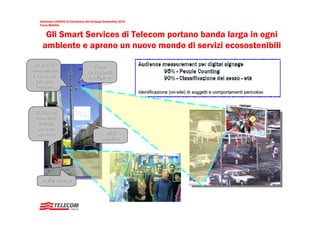 Settimana UNESCO di Educazione allo Sviluppo Sostenibile 2010
    Focus Mobilità


       Gli Smart Services di Telecom portano banda larga in ogni
      ambiente e aprono un nuovo mondo di servizi ecosostenibili
   La rete di                            Video-
                                         Video-
illuminazione                        sorveglianza
 è connessa                           intelligente
    alla rete
    Telecom
                                                                    Identificazione (on-site) di soggetti e comportamenti pericolosi
                                                                                    (on-



  Distributori
  atuomatici
   energia
   per auto
  elettriche                                      Wi-fi
                                                  Wi-
                                                pubblico




     Digital signage
 