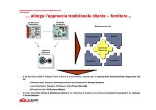 Settimana UNESCO di Educazione allo Sviluppo Sostenibile 2010
Focus Mobilità


         … allarga l’approccio tradizionale cliente – fornitore...




    Il 21 dicembre 2009 a Palazzo Vidoni a Roma è stato firmato l’accordo per la nascita dello Smart Services Cooperation Lab
    da:
              Il Ministro della Pubblica Amministrazione e dell’Innovazione Renato Brunetta
              L’Amministratore Delegato di Telecom Italia Franco Bernabè
              ll Presidente del CNR Luciano Maiani
    Si tratta del primo Centro di Eccellenza italiano e ha l’obiettivo di studiare ed individuare soluzioni innovative IT da replicare
    e industrializzare
 
