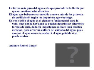 La forma más pura del agua es la que procede de la lluvia por que no contiene sales disueltas. El agua que bebemos es sometida a uno o más de los procesos de purificación según las impurezas que contenga. En conclusión el agua es el elemento fundamental para la vida, pues donde hay agua se pueden desarrollar diferentes formas de vida, dada su importancia merece toda nuestra atención, para crear un cultura del cuidado del agua, pues aunque el agua nunca se acabará el agua potable si se puede acabar. Antonio Ramos Luque 